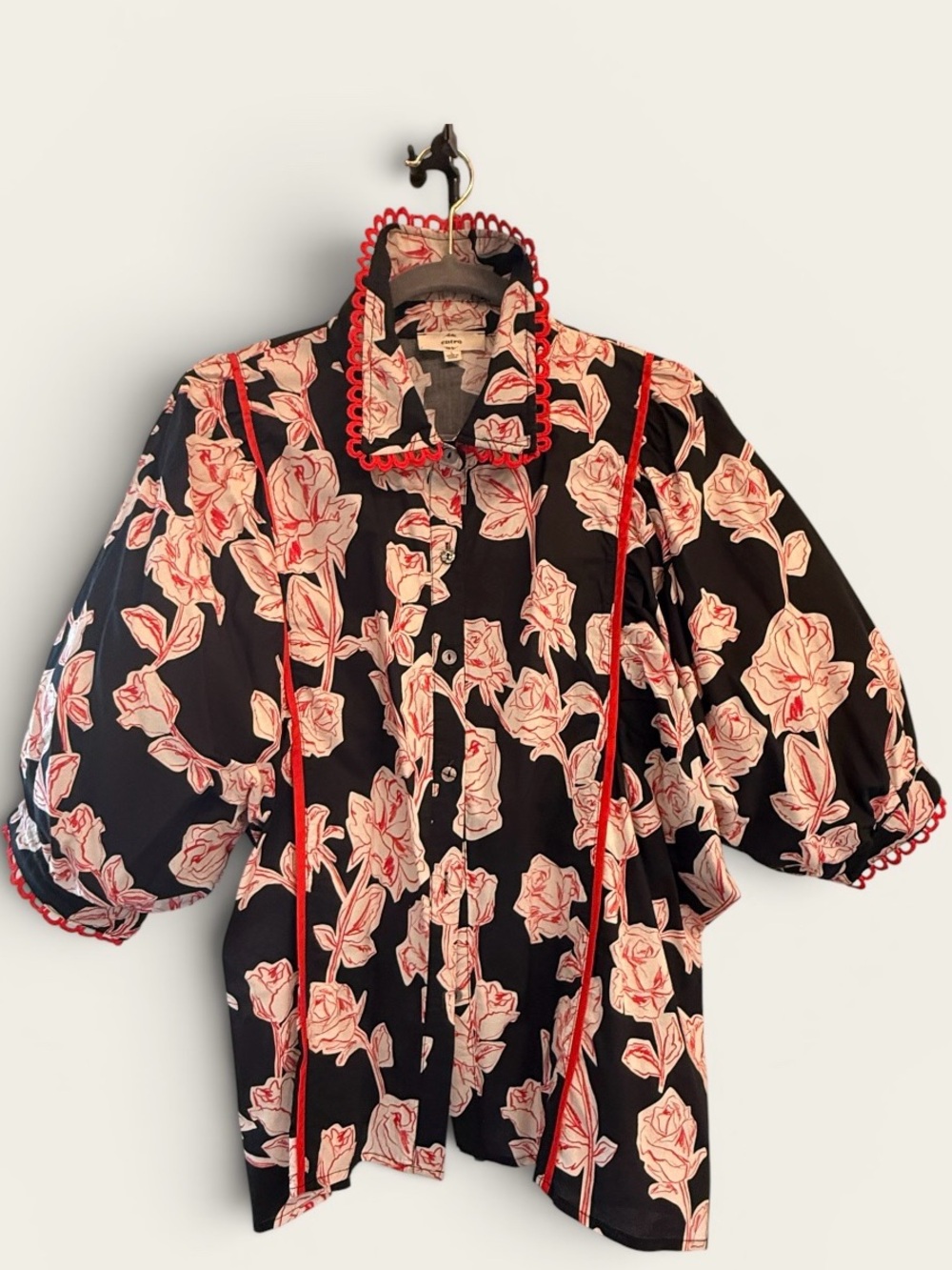 Navy Floral Button-Up Shirt with Red Trim
